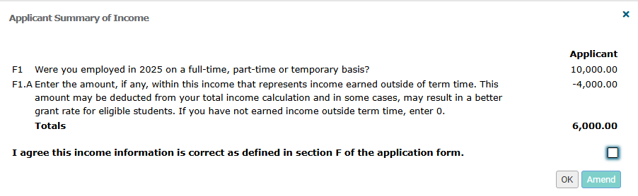 Income applicant summary of income