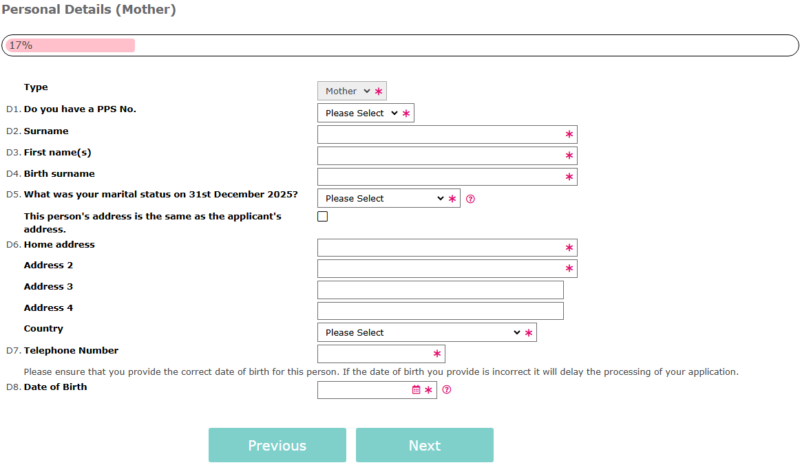 Other Parties - Personal Details D1-D8