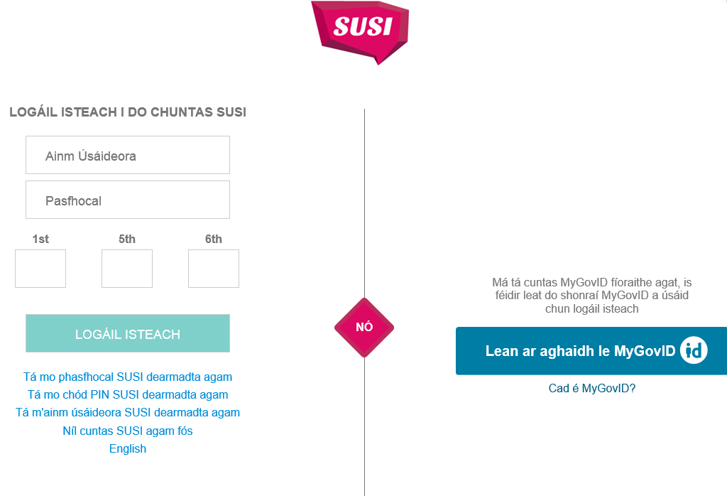 Image of Irish site login screenshot
